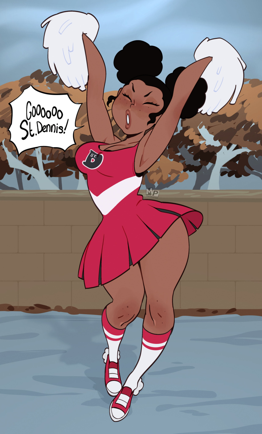 1girl absurdres black_hair cheerleader closed_eyes dark-skinned_female dark_skin english_text highres holding holding_pom_poms jumping mahmapuu open_mouth original pom_pom_(cheerleading) shoes socks speech_bubble teeth very_dark_skin