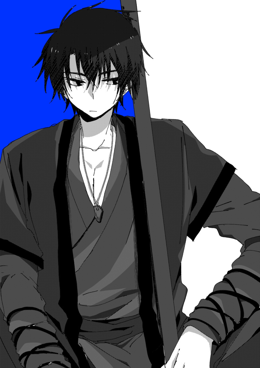 0819_chii 1boy akatsuki_no_yona black_eyes black_hair black_shirt blue_background closed_mouth facing_viewer hak_(akatsuki_no_yona) highres long_sleeves looking_to_the_side male_focus multicolored_background shirt short_hair solo white_background