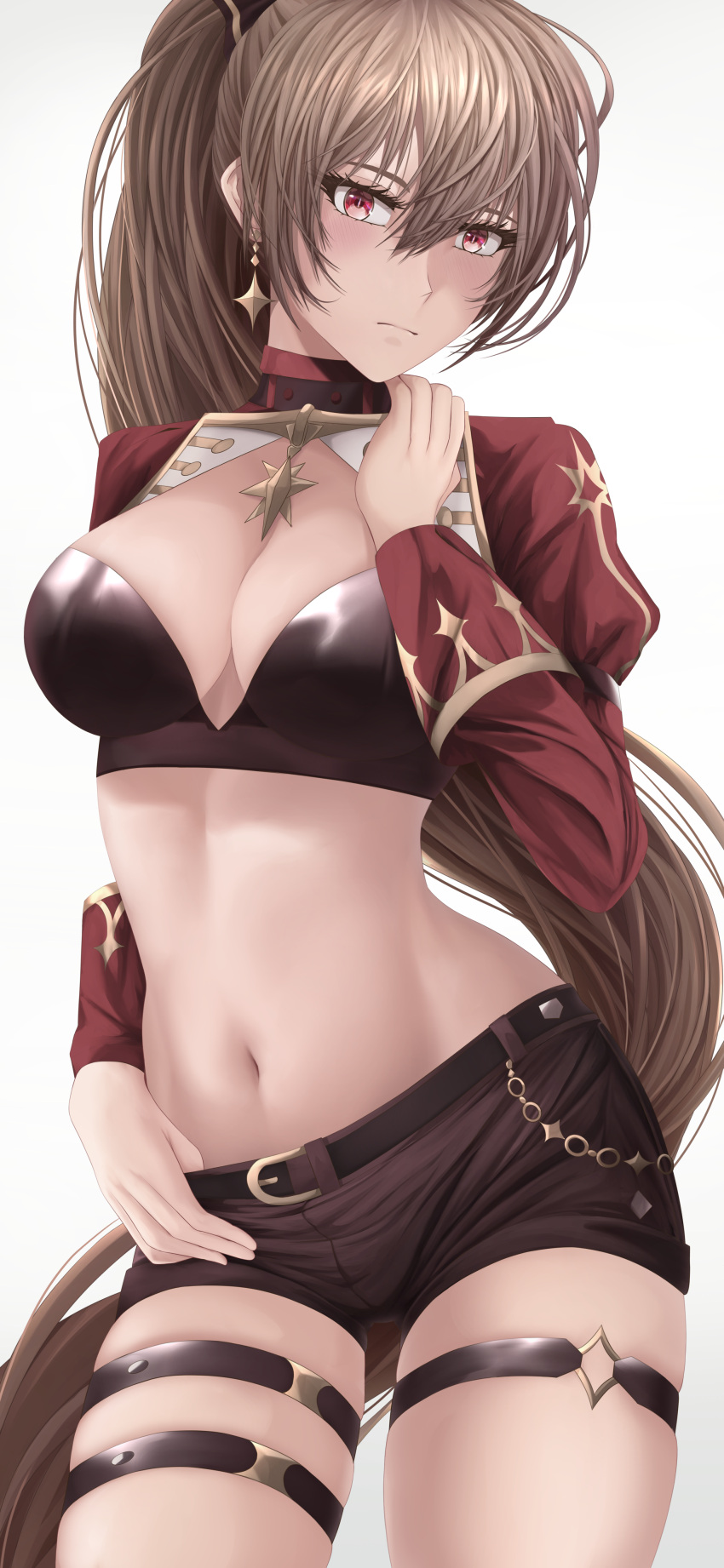 1girl absurdres azur_lane bangs breasts brown_hair cleavage commentary contrapposto earrings hair_between_eyes high_ponytail highres jacket jean_bart_(azur_lane) jewelry large_breasts light_blush long_hair long_sleeves looking_at_viewer navel ponytail red_eyes short_shorts shorts simple_background skindentation solo stomach syn_(synstyle) thigh_strap thumb_in_beltline very_long_hair white_background