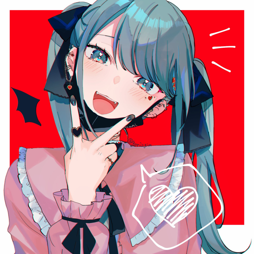 1girl aqua_eyes aqua_hair asymmetrical_bangs bangs blush ear_piercing frilled_shirt_collar frills gim_(gim-gim-3919) hand_up hatsune_miku head_tilt heart heart_in_eye highres long_hair long_sleeves looking_at_viewer mask mask_pull miku_day mouth_mask notice_lines piercing pink_shirt shirt solo spoken_heart symbol_in_eye twintails twitter_username upper_body v_over_mouth vampire_(vocaloid) vocaloid