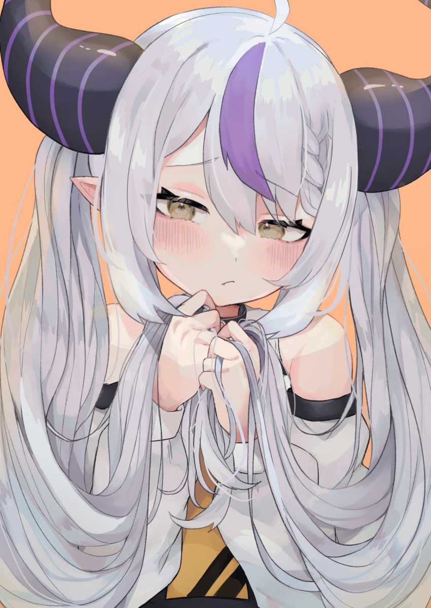 1girl absurdres ahoge bangs bare_shoulders blush braid closed_mouth commentary_request demon_horns grey_hair hair_between_eyes highres holding holding_hair hololive horns la+_darknesss long_hair long_sleeves looking_at_viewer multicolored_hair mutsumi326 pointy_ears purple_hair solo streaked_hair twintails upper_body virtual_youtuber yellow_background yellow_eyes