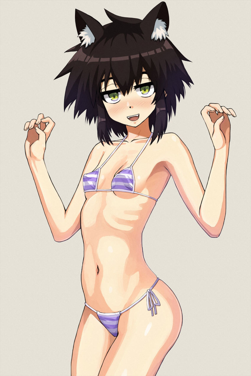 1girl animal_ears bikini blush breasts brown_hair cat_ears cowboy_shot green_eyes grey_background hands_up highres looking_at_viewer navel nose_blush onimushi_hyogo open_mouth original ribs short_hair side-tie_bikini_bottom simple_background skinny small_breasts smile solo striped striped_bikini swimsuit