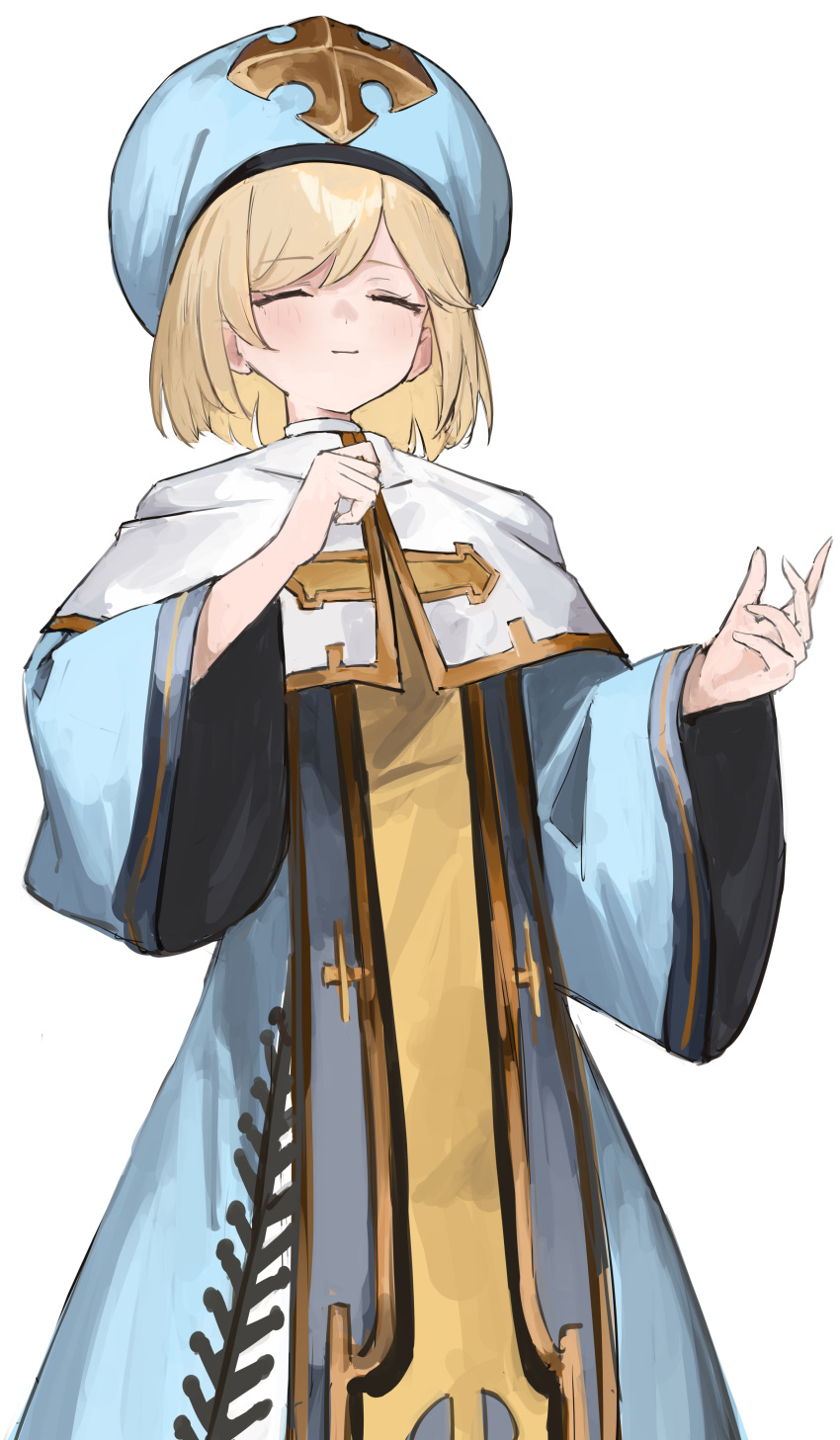 1girl absurdres alternate_costume bangs blonde_hair blue_dress blue_headwear blush closed_eyes closed_mouth commentary_request djeeta_(granblue_fantasy) dress facing_viewer feet_out_of_frame granblue_fantasy hands_up highres long_sleeves shiro_wa_(shiroshironix) short_hair simple_background solo standing white_background wide_sleeves