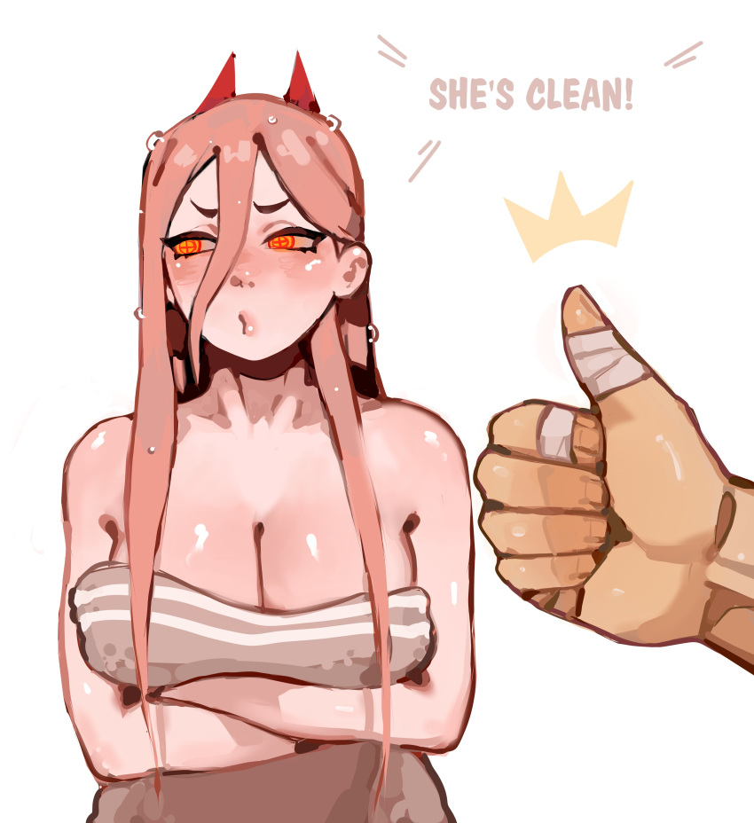 1girl absurdres bandaged_fingers bandages breasts brown_hair chainsaw_man cleavage cross-shaped_pupils crossed_arms hair_between_eyes highres horns large_breasts long_hair looking_to_the_side maggoo naked_towel power_(chainsaw_man) red_horns simple_background solo symbol-shaped_pupils thumbs_up towel wet wet_hair white_background yellow_eyes