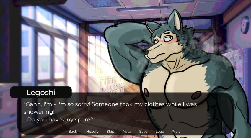 abs anthro beastars biceps big_penis blush canid canine canis clock embarrassed flustered fur genitals grey_body grey_fur hands_behind_head hi_res high_school legoshi_(beastars) looking_at_viewer male mammal muscular nipples nude pecs penis school solo steam text tippytaps wolf