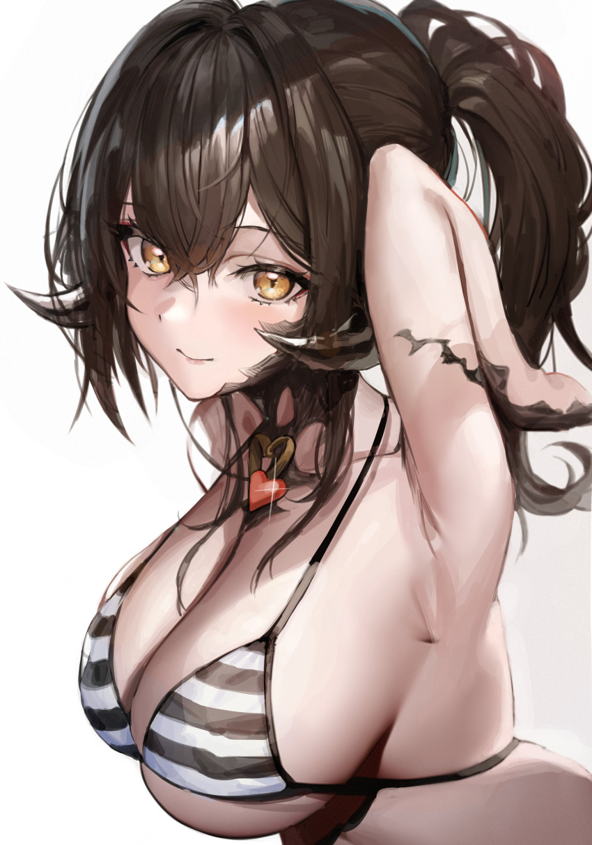 1girl absurdres armpits au_ra avatar_(ff14) bangs bikini black_hair breasts cleavage commission cyobiro dragon_girl dragon_horns final_fantasy final_fantasy_xiv hair_between_eyes hair_intakes heart heart_necklace highres horns jewelry large_breasts long_hair necklace ponytail sapphira_nyx scales second-party_source sidelocks skeb_commission solo striped striped_bikini swimsuit underboob upper_body yellow_eyes