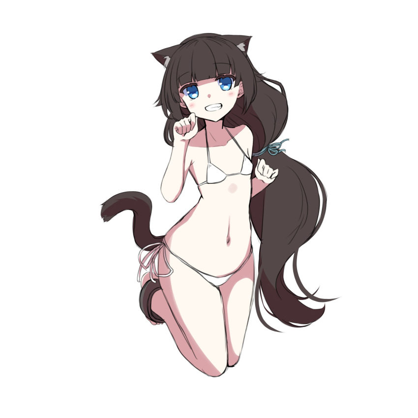 1girl absurdres animal_ears bangs bare_arms bare_shoulders barefoot bikini black_hair blue_eyes cat_ears cat_girl cat_tail collarbone commentary_request full_body grin hand_up highres long_hair looking_at_viewer original shirasu_youichi side-tie_bikini_bottom simple_background smile solo swimsuit tail very_long_hair white_background white_bikini