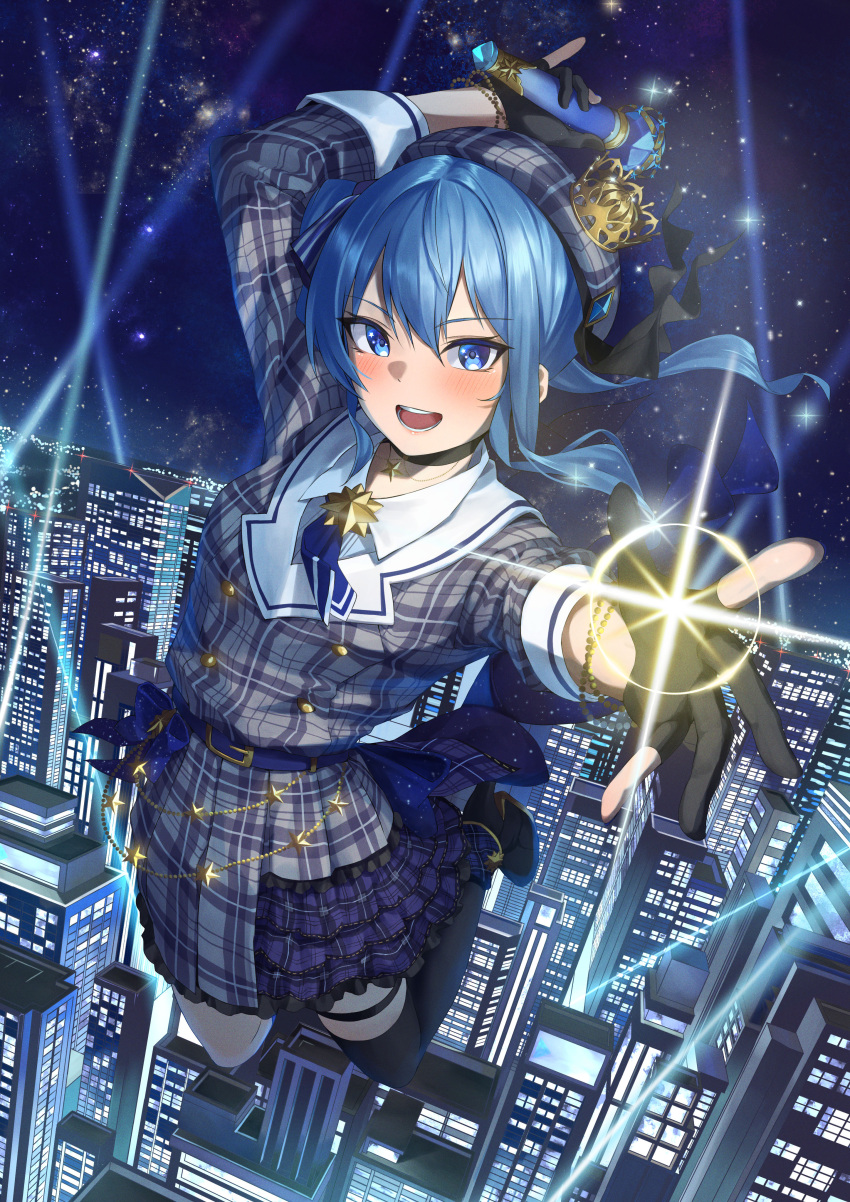 1girl absurdres asymmetrical_legwear bangs belt beret black_gloves black_thighhighs blue_belt blue_bow blue_eyes blue_hair blue_necktie blue_ribbon blush bow bow_skirt breasts brooch buttons chakuma_(yiyh1468) choker city cityscape collared_shirt crown double-breasted frilled_skirt frills gloves grey_headwear grey_jacket grey_skirt hair_between_eyes hair_ribbon hat highres holding holding_microphone hololive hoshimachi_suisei jacket jewelry kneehighs layered_skirt looking_at_viewer medium_hair microphone miniskirt mismatched_legwear necktie night night_sky open_mouth outdoors partially_fingerless_gloves plaid plaid_headwear plaid_jacket plaid_skirt pleated_skirt ribbon shirt side_ponytail single_kneehigh single_sock single_thighhigh skirt skirt_set sky sleeve_cuffs sleeves_past_elbows smile socks solo star_(sky) star_(symbol) star_brooch star_choker star_in_eye starry_sky symbol_in_eye thigh_strap thighhighs uneven_legwear virtual_youtuber white_shirt