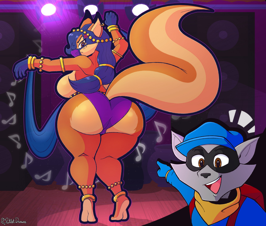 annoyed anthro belly_dancer blue_hair breasts canid canine carmelita_fox clothed clothing dancing duo ear_piercing female fox fur hair hi_res male mammal meme outletdraws piercing procyonid raccoon sly_cooper sly_cooper_(series) sony_corporation sony_interactive_entertainment sucker_punch_productions two_soyjaks_pointing