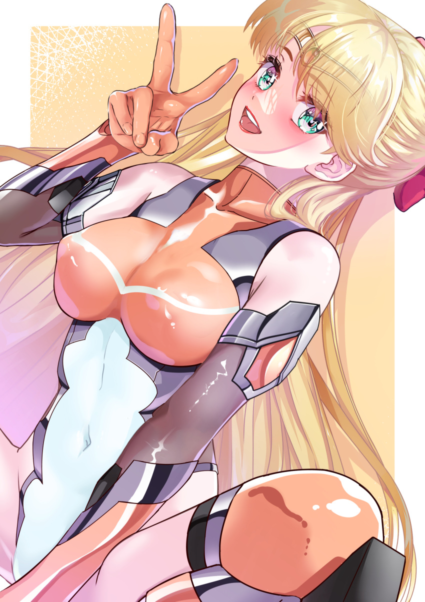1girl absurdres aino_minako alternate_costume aqua_eyes arion_canvas bangs bare_shoulders bishoujo_senshi_sailor_moon blonde_hair circlet covered_navel elbow_gloves gloves highres impossible_clothes jewelry leotard lips long_hair open_mouth orange_gloves orange_leotard orange_thighhighs parted_bangs revision sailor_venus skin_tight smile solo spread_legs squatting taimanin_(series) taimanin_suit thighhighs twintails two-tone_leotard very_long_hair white_leotard