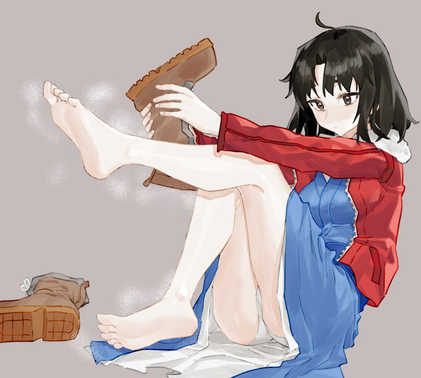 1girl absurdres barefoot black_hair blue_kimono boots boots_removed brown_footwear feet full_body grey_eyes highres jacket japanese_clothes kara_no_kyoukai kimono no_socks on_floor open_clothes open_jacket pale_skin red_jacket renxzd ryougi_shiki short_hair sitting soles solo toes