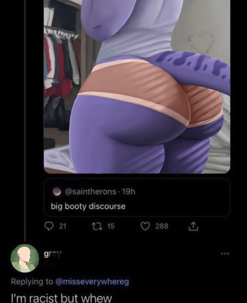 absurd_res ahoeforcoffee alternate_version_at_source anon_(snoot_game) anthro bald bedroom big_butt butt ceratopsian clothed clothing dinosaur duo english_text featureless_face female goodbye_volcano_high hi_res human humor male mammal markings ornithischian panties purple_body rear_view reptile scalie screencap snoot_game_(fan_game) social_media text thick_thighs triceratops trish_(gvh) twitter underwear wide_hips
