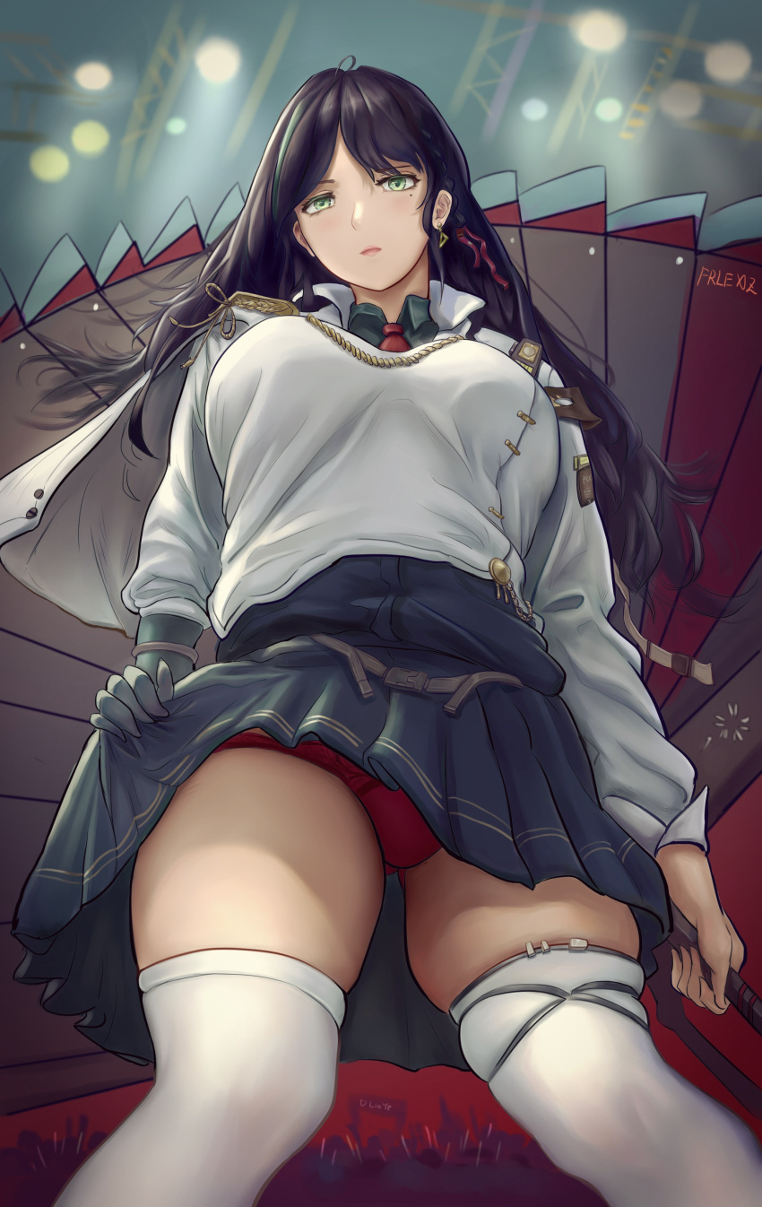 1girl absurdres ahoge artist_name black_hair breasts capelet clothes_lift earrings expressionless frlexz green_eyes hand_fan highres holding holding_fan jewelry lin_(tower_of_fantasy) long_hair looking_at_viewer medium_breasts miniskirt mole mole_under_eye panties red_panties skirt skirt_lift solo thighhighs thighs tower_of_fantasy underwear uniform