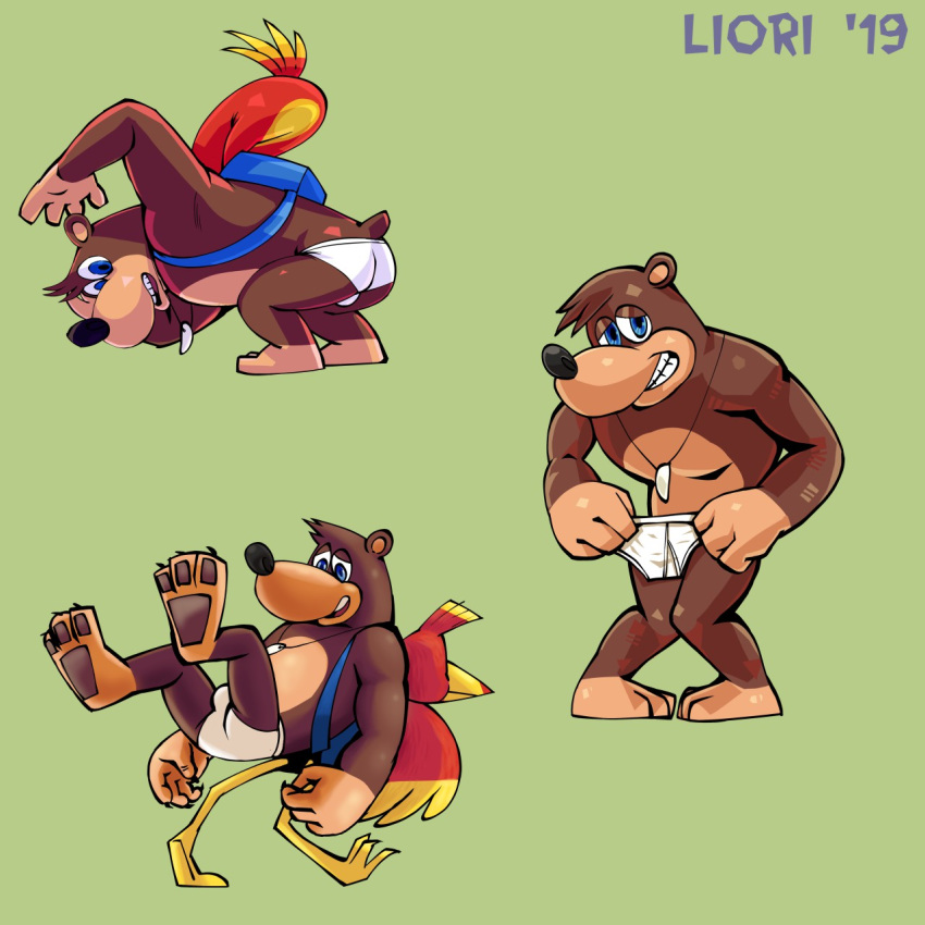 2019 ambiguous_gender anthro avian backpack banjo-kazooie banjo_(banjo-kazooie) barefoot bear bird black_nose blue_eyes briefs briefs_only brown_body brown_fur brown_pawpads bulge butt clothed clothing covering covering_crotch duo embarrassed feathers feet female female_(lore) fur green_background group hi_res holding_clothing holding_object holding_underwear jewelry kazooie male mammal necklace nude open_mouth pawpads presenting presenting_hindquarters rareware red_body red_feathers redo_(artist) simple_background solo teeth_showing text tighty_whities topless underwear underwear_only white_briefs white_clothing white_underwear yellow_body yellow_feathers