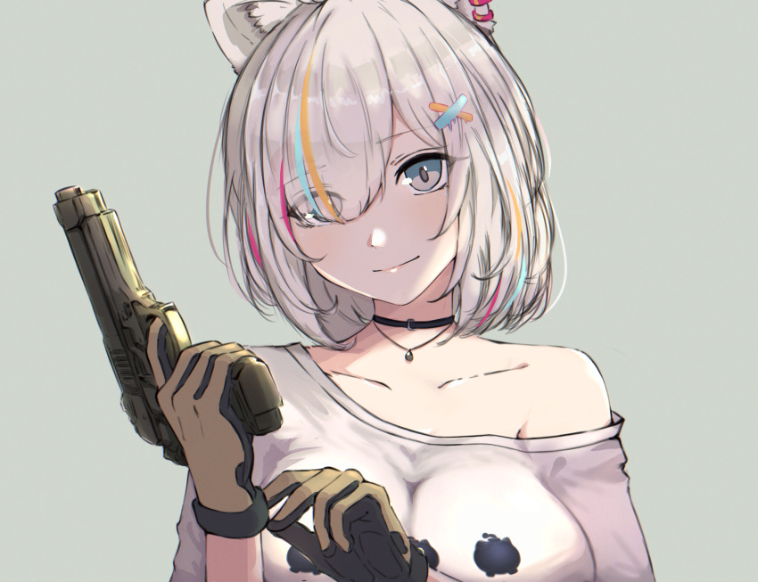 1girl absurdres animal_ears asymmetrical_bangs bangs black_choker breasts choker closed_mouth collarbone eyes_visible_through_hair gloves grey_eyes gun hair_over_one_eye handgun highres holding holding_gun holding_weapon hololive jewelry large_breasts lion_ears lion_tail multicolored_hair necklace no_bra official_alternate_costume official_alternate_hair_length official_alternate_hairstyle shirt shishiro_botan short_hair single_bare_shoulder smile solo streaked_hair t-shirt tail virtual_youtuber weapon white_shirt zexalmike