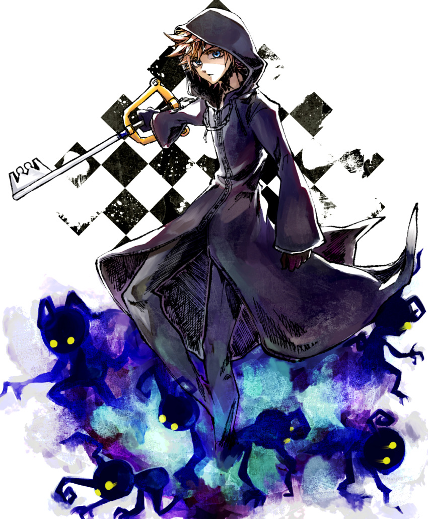 13rk 1boy black_gloves black_pants black_robe blue_eyes brown_hair frown gloves heartless highres holding holding_key holding_weapon hooded_robe key keyblade kingdom_hearts male_focus pants robe roxas short_hair solo spiked_hair weapon zipper