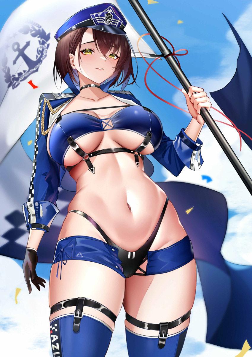 1girl absurdres azur_lane bad_id bad_pixiv_id baltimore_(azur_lane) baltimore_(finish_line_flagbearer)_(azur_lane) bikini black_bikini blue_bikini blue_headwear blue_thighhighs breasts flag highleg highleg_bikini highres holding holding_flag large_breasts looking_at_viewer mcic0 micro_shorts mismatched_bikini navel parted_lips race_queen shorts shrug_(clothing) solo stomach swimsuit thighhighs thighs underboob