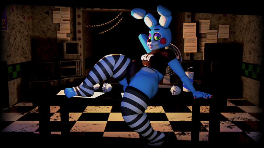 16:9 animatronic anthro blue_body clothing desk five_nights_at_freddy's five_nights_at_freddy's_2 furniture girly green_eyes hi_res lagomorph legwear leporid looking_at_viewer machine male mammal moobs office pattern_clothing pattern_legwear pattern_stockings pinup pose rabbit robot scottgames sitting smile smiling_at_viewer smokedsoul35 solo solo_focus stockings striped_clothing striped_legwear striped_stockings stripes table topwear toy_bonnie_(fnaf) widescreen