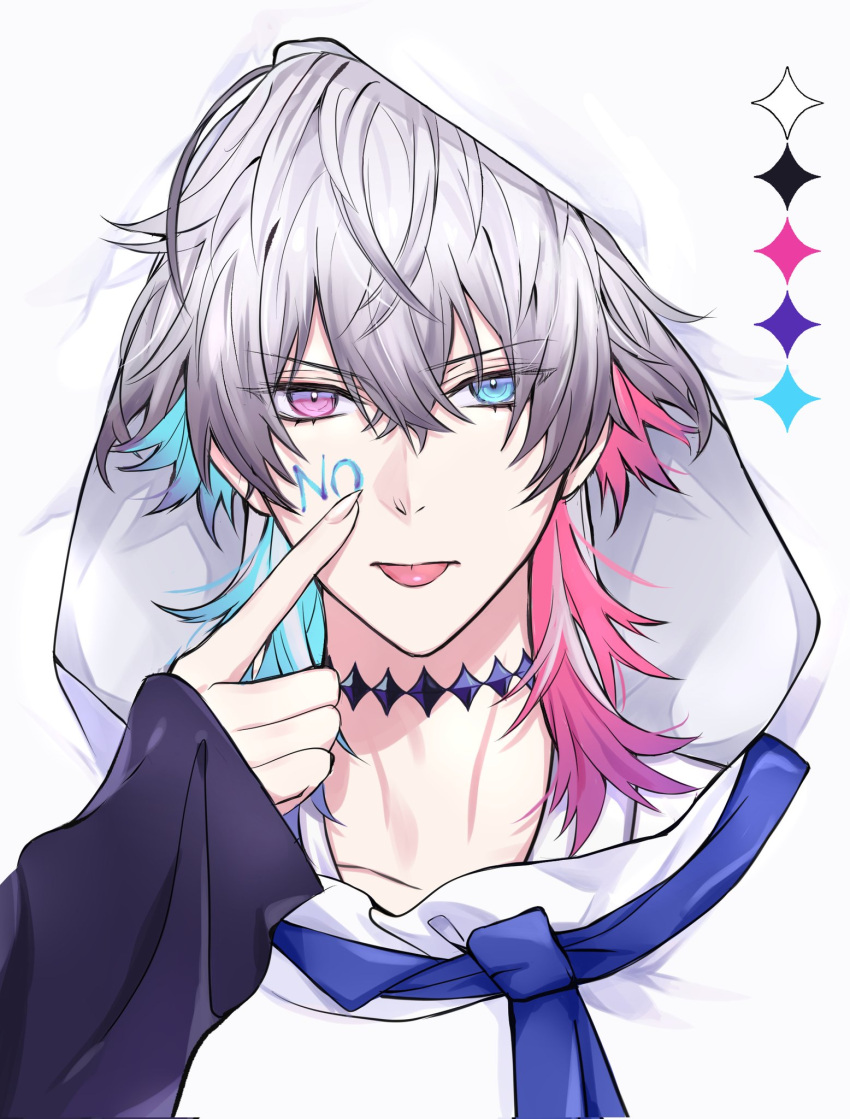 1boy aqua_hair blue_eyes blue_ribbon choker gavis_bettel grey_hair hair_between_eyes heterochromia highres holostars holostars_english long_sleeves looking_at_viewer male_focus multicolored_hair pink_eyes pink_hair pointing pointing_at_self ribbon shin_diena solo tongue tongue_out virtual_youtuber white_hood