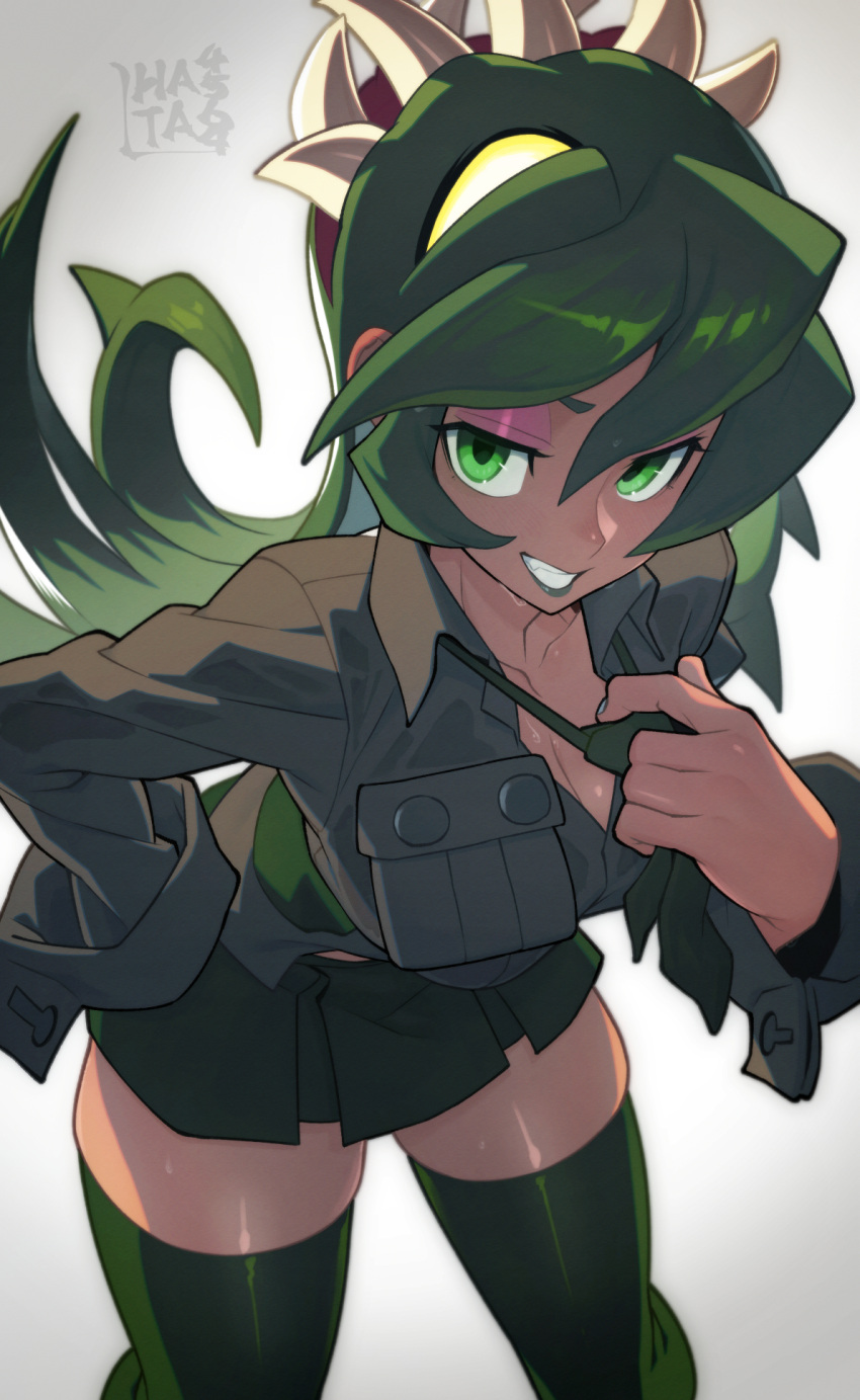 1girl adjusting_clothes adjusting_necktie breast_pocket breasts cleavage collared_shirt commentary_request dark-skinned_female dark_skin extra_mouth fukua_(skullgirls) green_eyes green_hair green_lips green_necktie green_shirt green_skirt hata4564 highres large_breasts leaning_forward living_hair long_hair looking_at_viewer necktie pocket school_uniform shirt signature simple_background skindentation skirt skullgirls smile solo sweat teeth