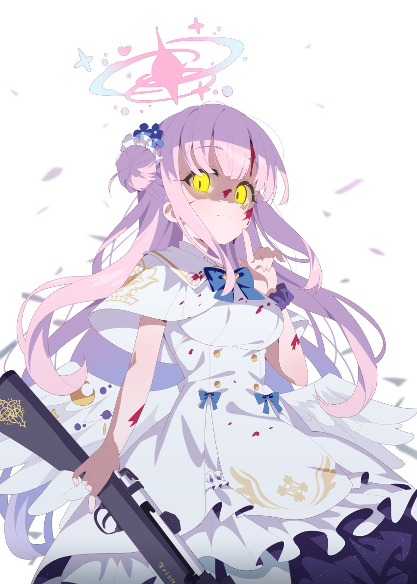 1girl absurdres bangs blood blood_on_clothes blood_on_face blue_archive blue_bow blue_flower bow breasts capelet closed_mouth dress feathered_wings flower gun hair_bun hair_flower hair_ornament halo highres holding holding_gun holding_weapon looking_at_viewer low_wings medium_breasts meito_(maze) mika_(blue_archive) pink_hair purple_scrunchie scrunchie shaded_face simple_background single_side_bun solo weapon white_background white_capelet white_dress white_wings wings wrist_scrunchie yellow_eyes