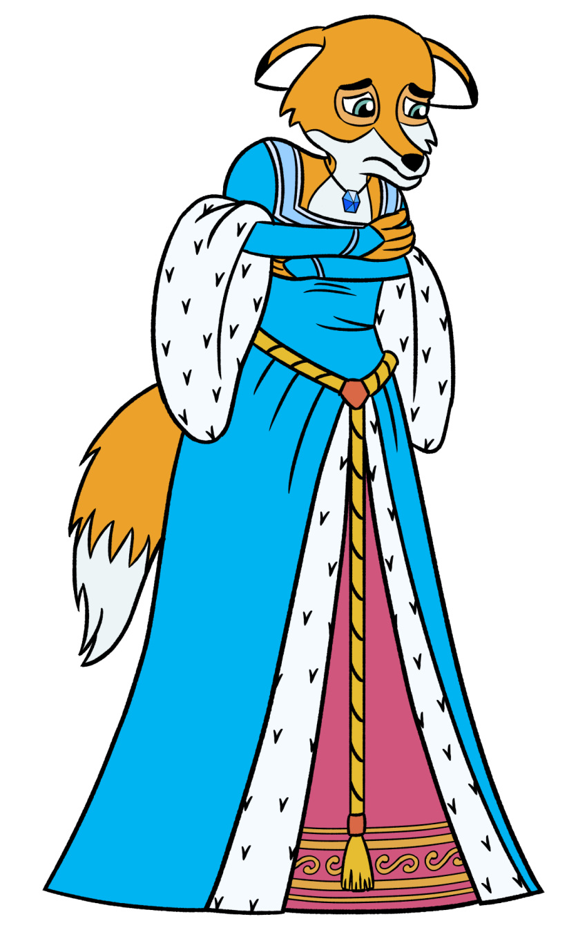 12:19 2023 activision anthro blue_clothing blue_dress canid canine cheek_tuft clothing covering covering_chest covering_self digital_drawing_(artwork) digital_media_(artwork) dipstick_ears dipstick_tail dress facial_tuft female fox full-length_portrait fur hi_res ice_princess jewelry mammal markings multicolored_ears necklace orange_body orange_fur pazymomo portrait princess royalty sad simple_background solo spyro_the_dragon tail tail_markings tuft white_background white_body white_fur