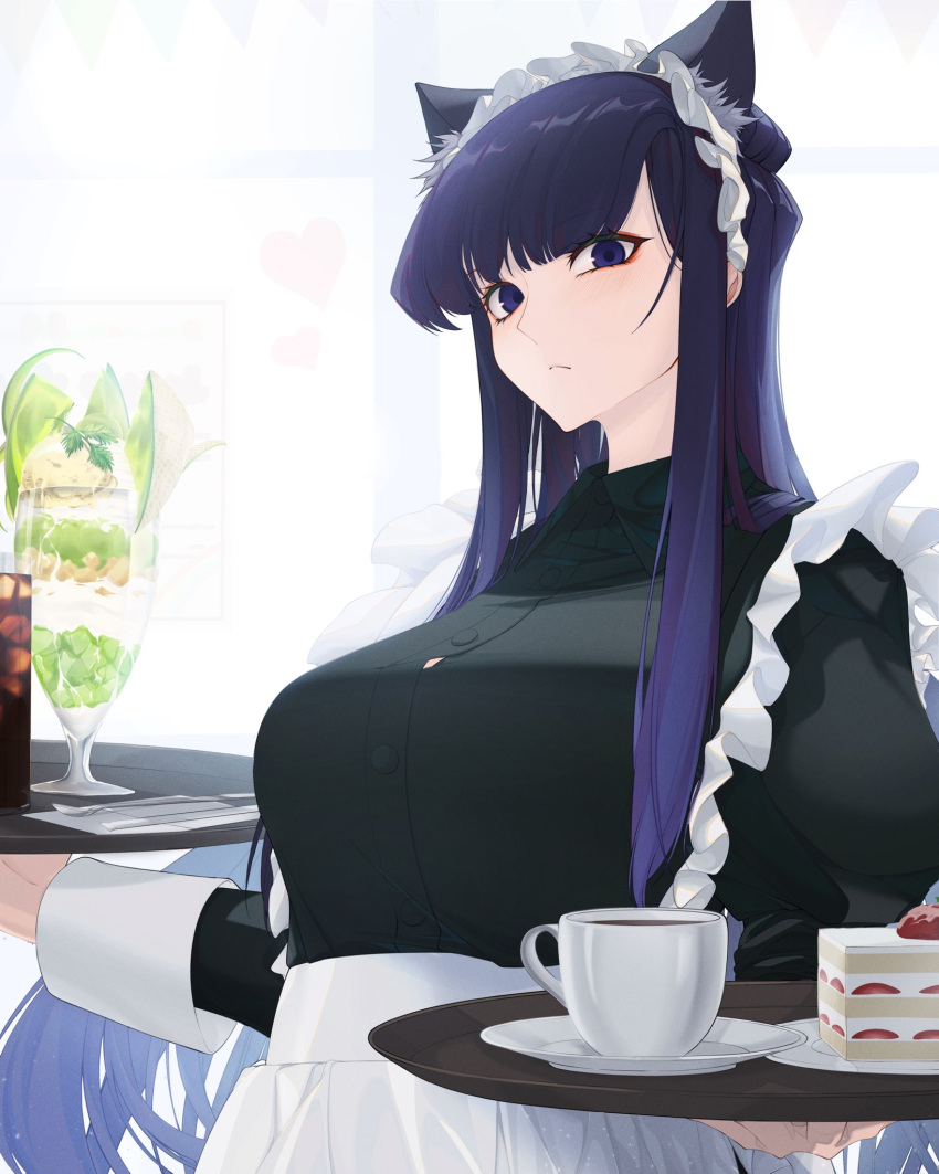 1girl alternate_costume animal_ears apron black_dress black_eyes cake cake_slice cat_ears chuuni227 closed_mouth coffee_mug cup dress drinking_glass enmaided fake_animal_ears food fruit highres holding holding_tray ice ice_cube indoors komi-san_wa_komyushou_desu komi_shouko maid maid_apron mug plate solo strawberry strawberry_shortcake tray upper_body waist_apron white_apron yogurt