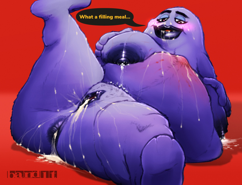 anthro anus areola band1tnsfw belly big_anus big_areola big_belly big_butt blush blush_lines bodily_fluids butt crossgender cum cum_in_ass cum_in_mouth cum_in_pussy cum_inflation cum_inside cum_on_body dialogue digital_drawing_(artwork) digital_media_(artwork) english_text female female_focus fur genital_fluids grimace_(mcdonald's) hi_res inflation lips mcdonald's meme overweight portrait pregnant pregnant_female purple_body purple_fur simple_background solo speech_bubble stretch_marks text thick_lips thick_thighs