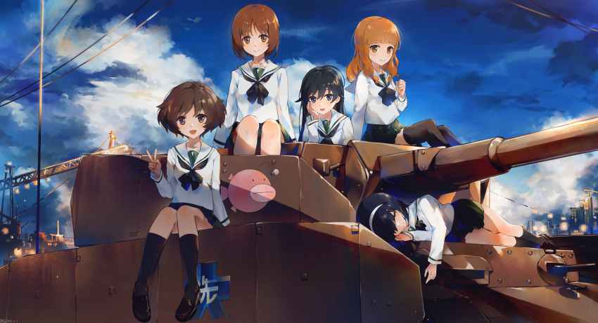 5girls :d absurdres ahoge akiyama_yukari anglerfish bangs black_hair black_neckerchief black_socks blue_eyes blue_sky blunt_bangs brown_eyes brown_hair closed_mouth cloud crane_(machine) emblem girls_und_panzer green_skirt ground_vehicle hairband highres isuzu_hana long_hair looking_at_viewer lying military military_vehicle miniskirt motor_vehicle multiple_girls neckerchief nishizumi_miho on_side ooarai_(emblem) ooarai_school_uniform orange_hair outdoors panzerkampfwagen_iv pleated_skirt reizei_mako school_uniform serafuku short_hair sitting skirt sky sleeping smile socks swkl:d takebe_saori tank v white_hairband