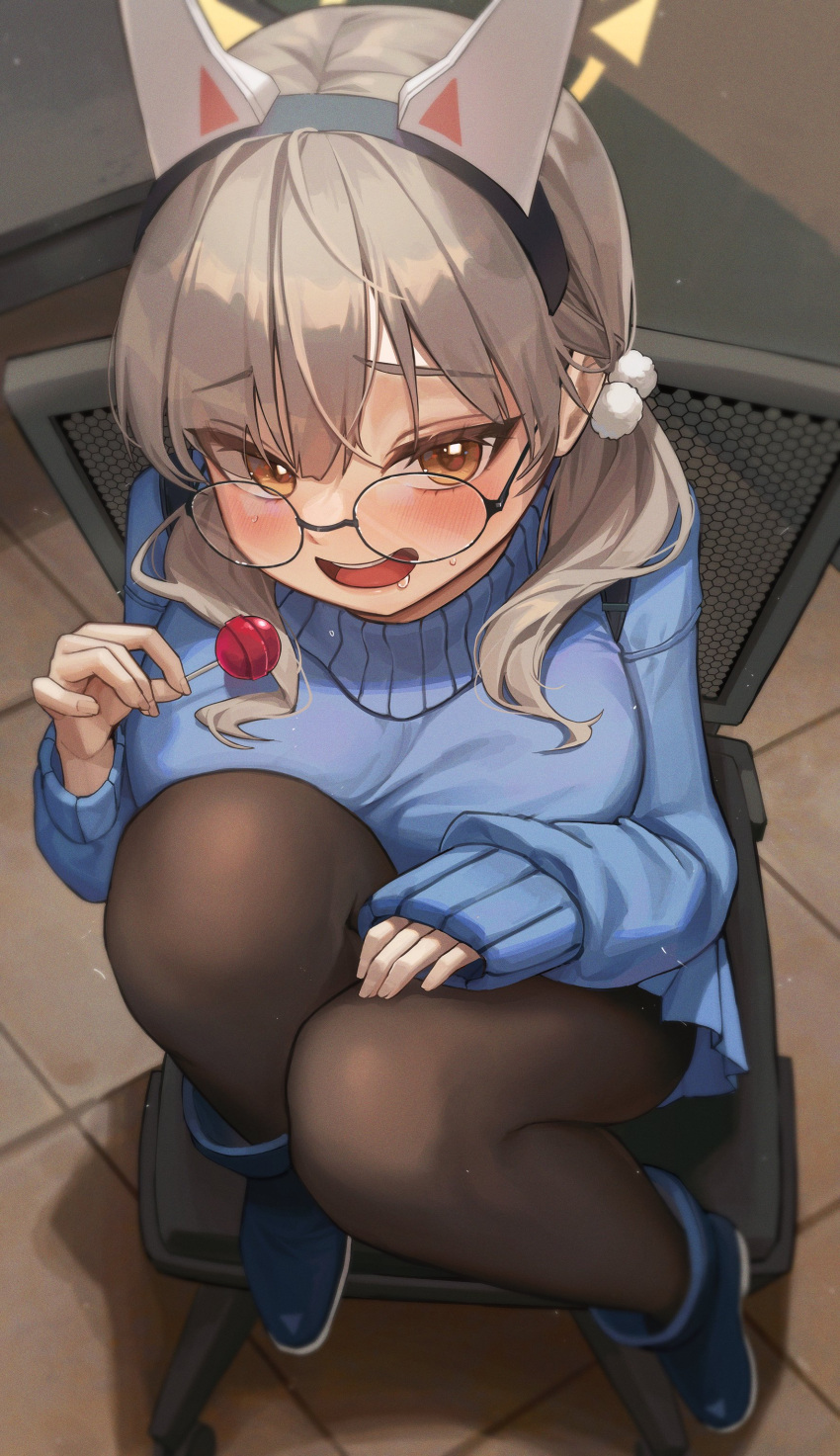 1girl absurdres black_pantyhose blue_archive blue_footwear blue_skirt blue_sweater blush breast_press breasts brown_eyes brown_hair chair drooling from_above full_body hair_ornament highres knees_to_chest kongsi large_breasts looking_at_viewer looking_up moe_(blue_archive) on_chair open_mouth pantyhose pleated_skirt pom_pom_(clothes) pom_pom_hair_ornament raised_eyebrows round_eyewear saliva sitting skirt sleeves_past_wrists smile solo sweater thighs tile_floor tiles
