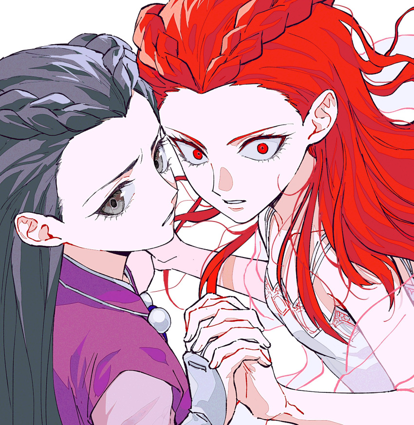 2girls ace_attorney ako_(eanaaati1) braid brown_hair dahlia_hawthorne eyelashes grey_eyes hagoromo highres holding_hands interlocked_fingers iris_(ace_attorney) japanese_clothes long_hair matching_hairstyle multiple_girls phoenix_wright:_ace_attorney_-_trials_and_tribulations red_eyes red_hair see-through shawl siblings sisters twins