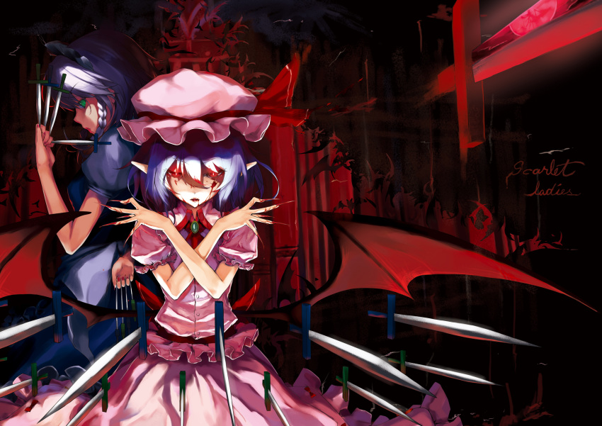 2girls absurdres bangs black_dress blood blood_on_face character_request dagger demon_wings dress frilled_dress frills glowing glowing_eyes green_eyes grey_hair highres holding holding_dagger holding_knife holding_weapon izayoi_sakuya ken-1 knife looking_at_viewer maid maid_headdress multiple_girls open_mouth pink_dress pointy_ears purple_hair red_eyes short_hair short_sleeves touhou vampire weapon wings