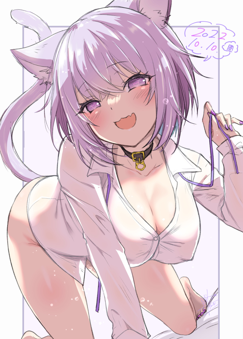 1girl :d all_fours alto_seneka animal_ears bare_legs barefoot black_collar blush breasts cat_ears cat_girl cat_tail cleavage collar come_hither commentary covered_nipples dated fang foot_out_of_frame heart heart_in_eye highres holding holding_ribbon hololive light_purple_hair looking_at_viewer loose_neck_ribbon medium_breasts nail_polish naked_shirt nekomata_okayu open_mouth purple_background purple_eyes purple_nails purple_ribbon ribbon shirt short_hair simple_background skin_fang smile solo symbol_in_eye tail thighs toenail_polish toenails virtual_youtuber white_background