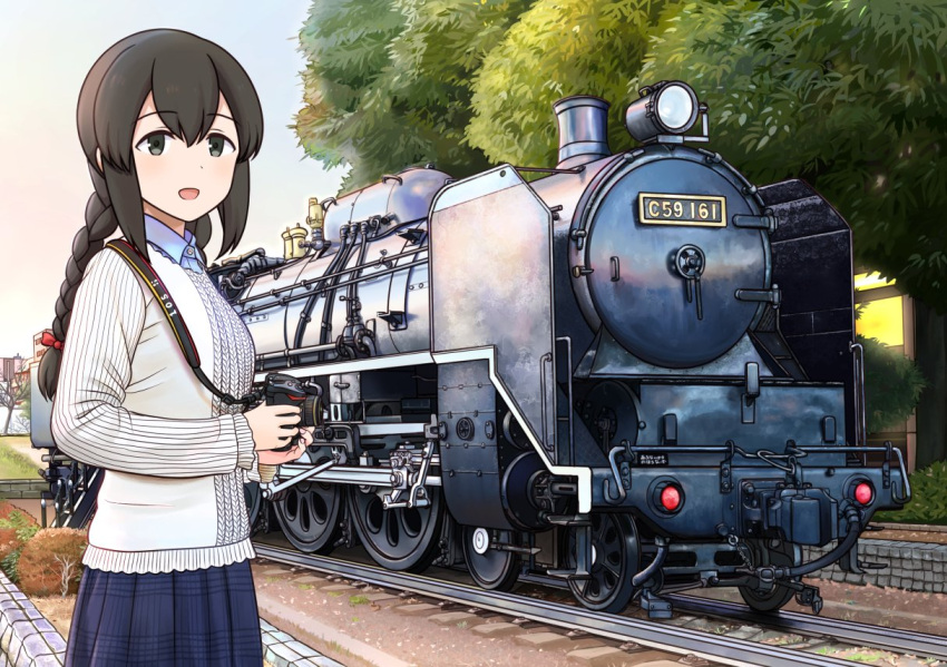 1girl bangs black_eyes black_hair blue_shirt blue_skirt blush braid camera collared_shirt ground_vehicle hair_between_eyes hiroshima hitakikan holding holding_camera isonami_(kancolle) kantai_collection locomotive long_hair long_sleeves open_mouth outdoors pleated_skirt railroad_tracks real_world_location shirt skirt smile solo steam_locomotive train twin_braids upper_body vehicle_focus white_shirt