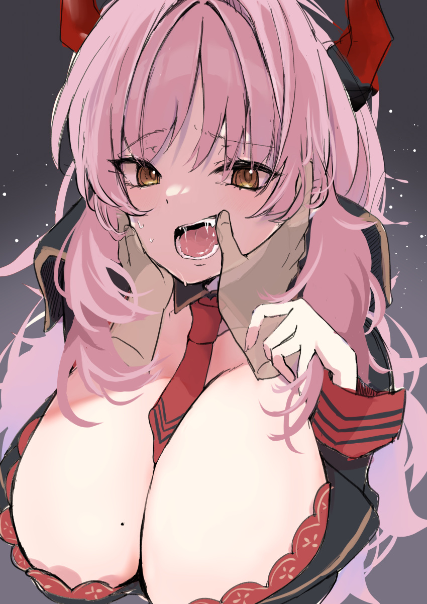 1girl absurdres aburi_tarako18 bangs black_horns blue_archive breasts cleavage fangs hands_on_another's_cheeks hands_on_another's_face highres horns large_breasts long_hair long_sleeves looking_at_viewer mole mole_on_breast multicolored_horns necktie open_mouth pink_hair red_necktie saliva satsuki_(blue_archive) tongue yellow_eyes