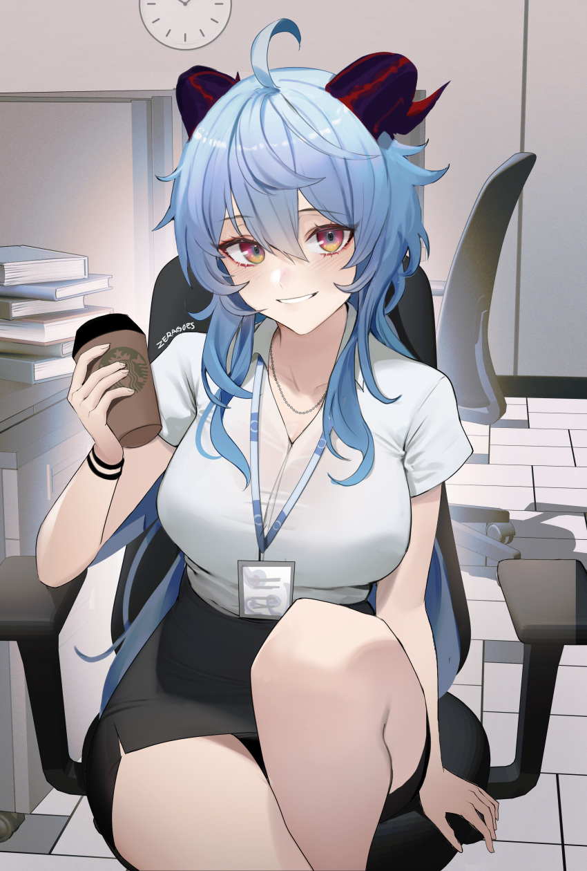 1girl absurdres ahoge alternate_costume black_skirt book book_stack breasts chair clock cup desk disposable_cup ganyu_(genshin_impact) genshin_impact goat_horns grin highres holding holding_cup horns id_card indoors knee_up lanyard large_breasts long_hair looking_at_viewer office office_chair office_lady pencil_skirt shirt sitting skirt smile solo thighs wavy_hair white_shirt zerawidjaja