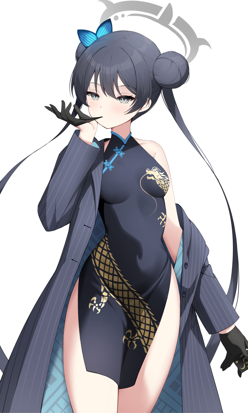 1girl absurdres bare_shoulders black_dress black_gloves black_hair blue_archive butterfly_hair_ornament china_dress chinese_clothes double_bun dragon_print dress gloves grey_eyes grey_jacket hair_bun hair_ornament halo highres jacket kisaki_(blue_archive) long_hair long_sleeves looking_to_the_side neko_lu_(wofud453) off-shoulder_jacket off_shoulder pelvic_curtain print_dress simple_background solo striped striped_jacket thighs twintails vertical-striped_jacket vertical_stripes white_background