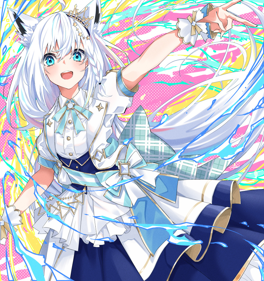 1girl absurdres ahoge animal_ear_fluff animal_ears back_bow bangs blush bow braid commentary_request extra_ears fox_ears fox_girl green_eyes hair_between_eyes highres hiyashinssu hololive hololive_idol_uniform_(bright) long_hair looking_at_viewer open_mouth outstretched_arm shirakami_fubuki short_sleeves sidelocks single_braid solo virtual_youtuber white_hair wrist_cuffs