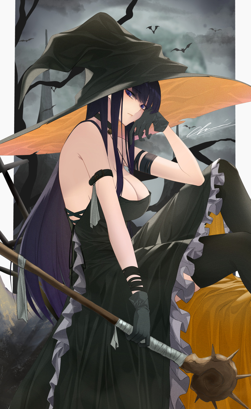 1girl absurdres alternate_costume bare_tree bat_(animal) black_dress black_eyes black_gloves black_hair breasts chuuni227 cleavage closed_mouth dress fog frilled_dress frills gloves hand_rest hand_up hat highres holding holding_staff komi-san_wa_komyushou_desu komi_shouko large_breasts long_hair looking_at_viewer pumpkin sitting solo staff tree witch witch_hat