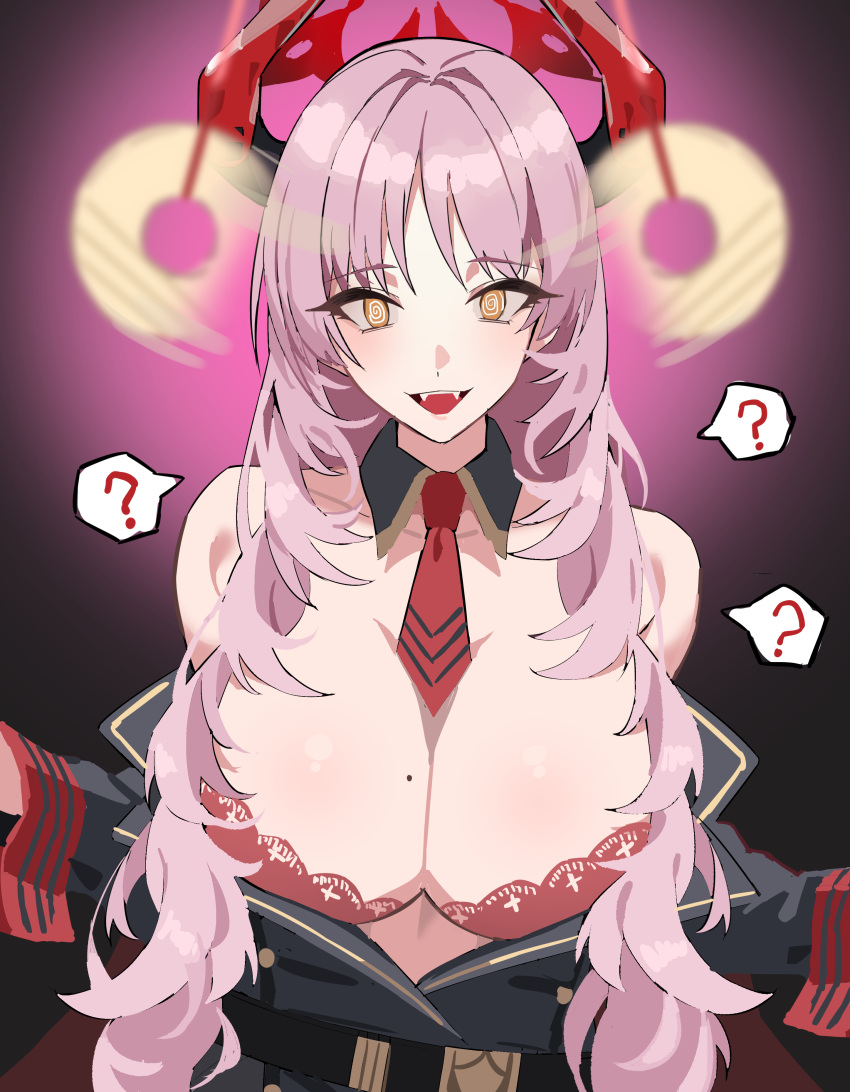 1girl ? @_@ absurdres bangs bare_shoulders black_horns blue_archive breasts detached_collar fangs halo highres horns hypnosis large_breasts long_hair looking_at_viewer mind_control mole mole_on_breast multicolored_horns necktie open_mouth pink_hair red_horns red_necktie satsuki_(blue_archive) solo undressing yellow_eyes za_yu_a