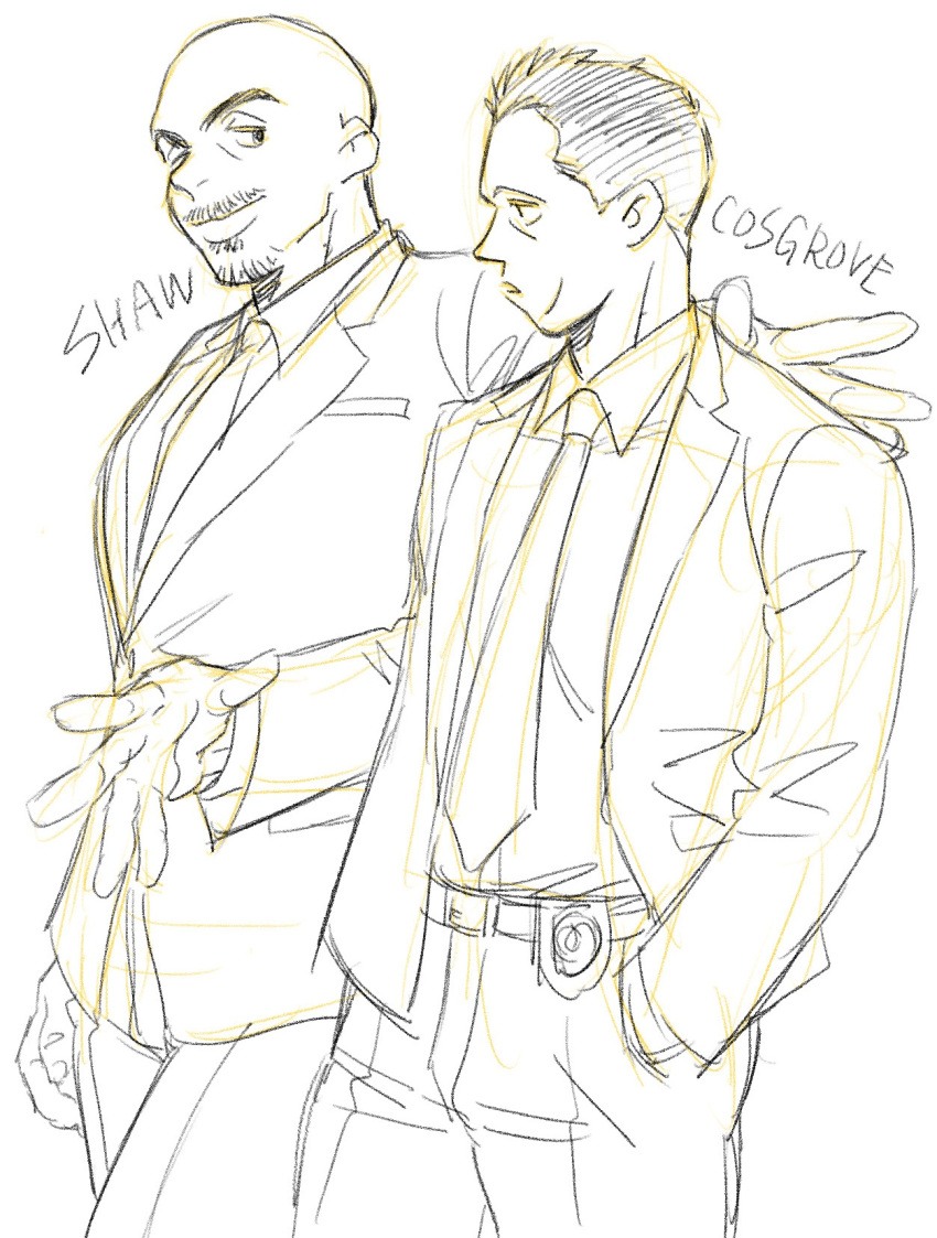 2boys bald bara cosgrove_(dickfish) dickfish_(fishismdick) facial_hair feet_out_of_frame formal goatee highres male_focus mature_male multiple_boys mustache necktie original patting_back scan shaw_(dickfish) short_hair sideburns sketch suit thick_eyebrows traditional_media walking