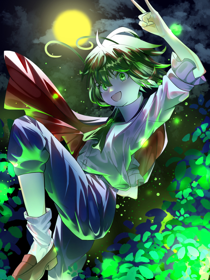 1girl :d absurdres androgynous antennae bangs black_cape blue_shorts bush cape cloud commentary_request foot_out_of_frame full_moon green_eyes green_hair highres loafers looking_at_viewer moon night open_mouth outdoors red_cape red_footwear shirt shoes short_hair short_sleeves shorts smile socks solo touhou two-sided_cape two-sided_fabric white_shirt white_socks wriggle_nightbug yomatsuri_(festival_night)