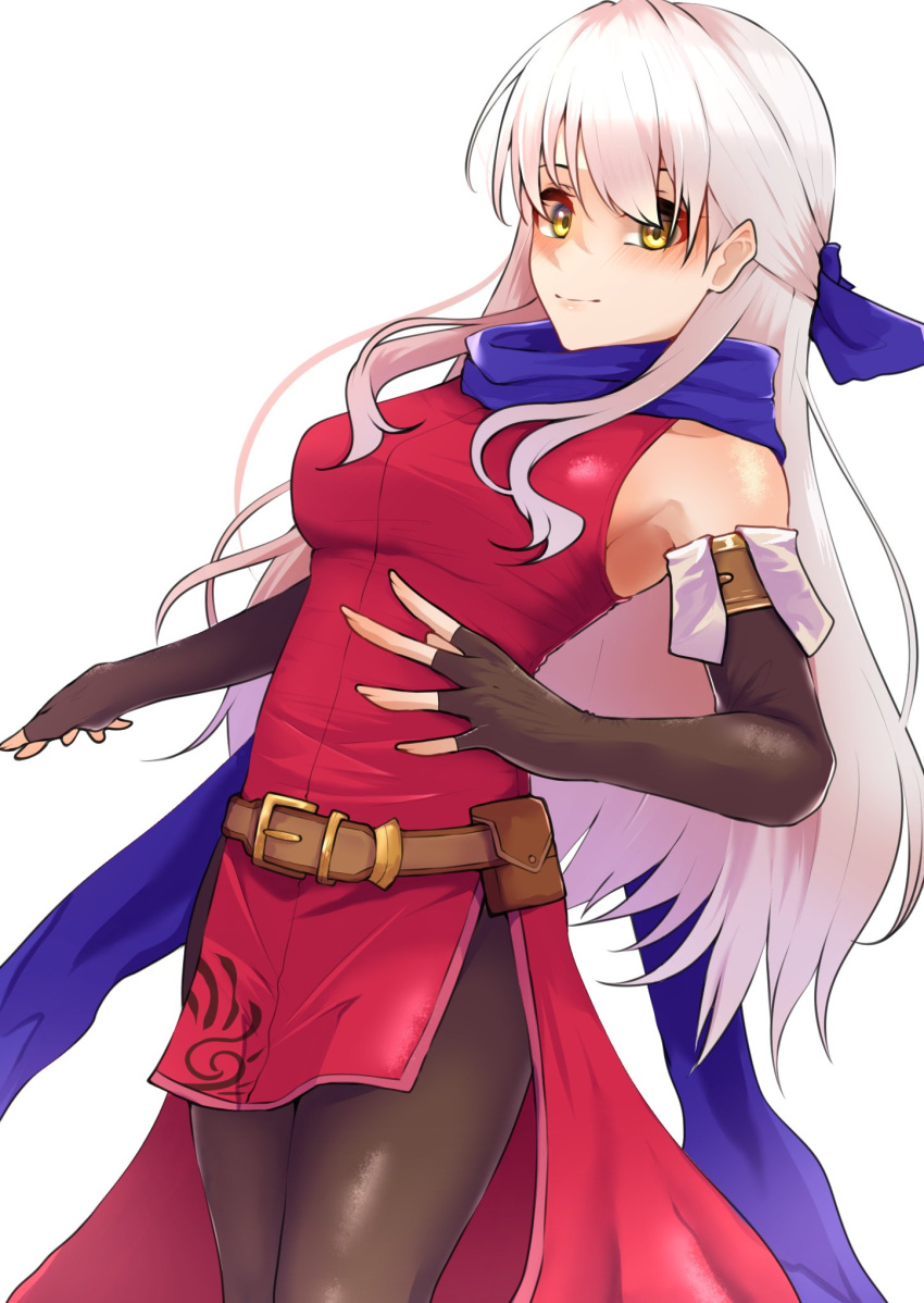 1girl bare_shoulders belt black_gloves black_pantyhose blue_ribbon blue_scarf brown_belt commentary_request cowboy_shot dress elbow_gloves fingerless_gloves fire_emblem fire_emblem:_radiant_dawn gloves hair_ribbon highres long_hair looking_at_viewer micaiah_(fire_emblem) pantyhose partial_commentary pouch red_dress ribbon scarf shutchi simple_background sleeveless sleeveless_dress smile solo standing thighs very_long_hair white_background white_hair yellow_eyes