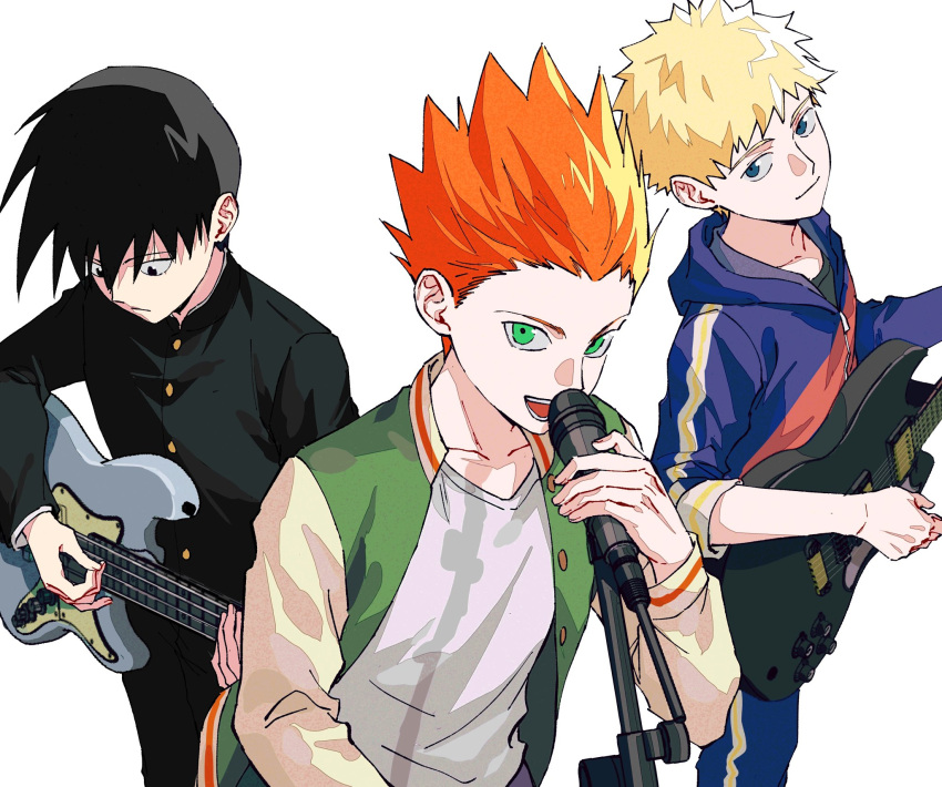 3boys ako_(eanaaati1) bangs black_eyes black_hair blonde_hair blue_eyes gakuran green_eyes guitar hanazawa_teruki highres holding holding_instrument holding_microphone hood hoodie instrument kageyama_ritsu long_sleeves looking_at_viewer male_focus microphone mob_psycho_100 multiple_boys music orange_hair playing_instrument school_uniform short_hair singing smile spiked_hair suzuki_shou