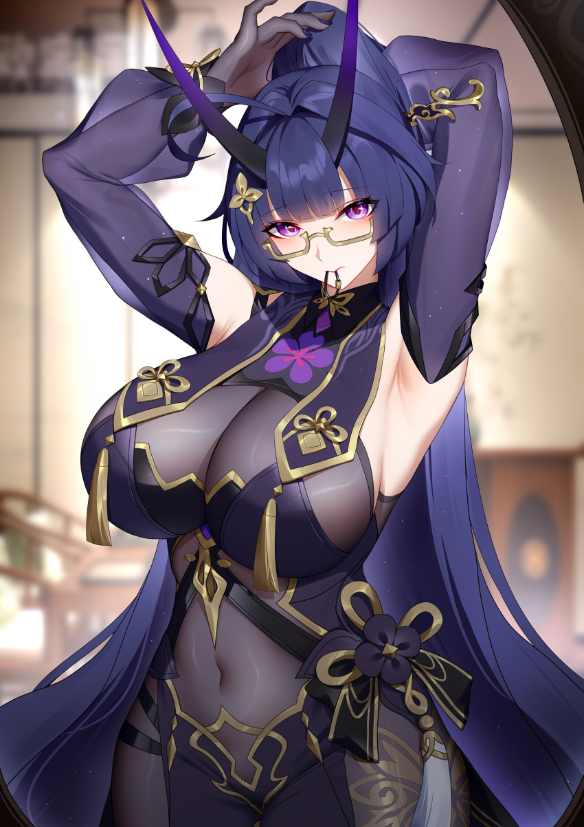 1girl absurdres armpits arms_up bangs blush breasts covered_navel glasses gloves highres honkai_(series) honkai_impact_3rd horns large_breasts long_hair long_sleeves looking_at_viewer official_alternate_costume ponytail purple_eyes purple_gloves purple_hair purple_sleeves raiden_mei raiden_mei_(herrscher_of_thunder) solo wu_ganlan_cai