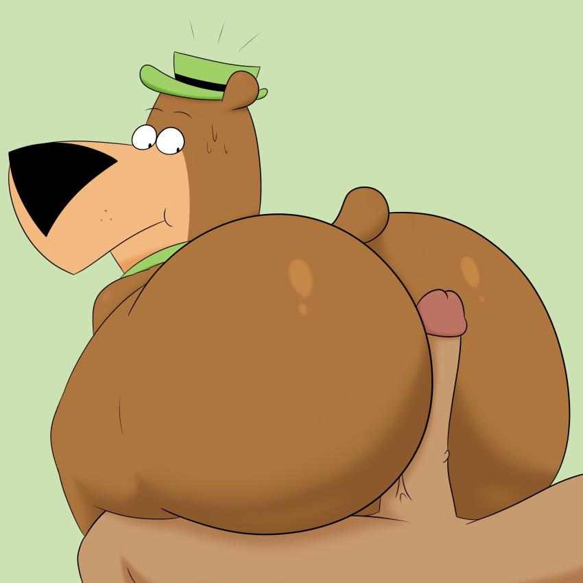 1:1 2022 absurd_res anthro bear big_butt bodily_fluids brown_body brown_fur butt clothing collar colossalstars duo erection fur genitals hanna-barbera hat headgear headwear hi_res huge_butt jellystone_(hbo_max) looking_back male mammal penis penis_against_cheek shocked_expression sweat thick_thighs vein veiny_penis yogi_bear yogi_bear_(character)