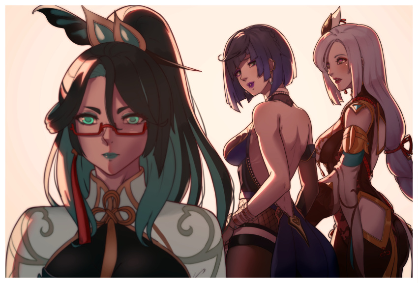 3girls aqua_eyes bare_back bloopiest blunt_ends breasts cloud_retainer_(genshin_impact) distracted_boyfriend_(meme) earrings genshin_impact glasses green_eyes green_lips highres jewelry lipstick long_hair looking_back makeup medium_breasts meme mole mole_under_mouth multiple_girls open_mouth pink_eyes purple_hair purple_lips red-framed_eyewear red_lips shenhe_(genshin_impact) short_hair simple_background white_background white_hair yelan_(genshin_impact) yuri