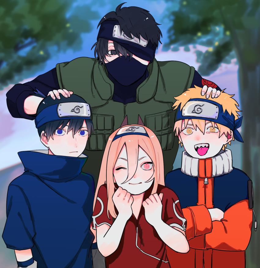 1girl 3boys aged_down black_hair blonde_hair blue_eyes blue_shirt blurry blurry_background chainsaw_man cosplay crossed_arms denji_(chainsaw_man) ear_piercing gurukousu hair_between_eyes hand_on_another's_head haruno_sakura haruno_sakura_(cosplay) hatake_kakashi hatake_kakashi_(cosplay) hayakawa_aki headband highres horns kishibe_(chainsaw_man) kishibe_(young)_(chainsaw_man) konohagakure_symbol long_hair multiple_boys naruto naruto_(series) one_eye_closed one_eye_covered piercing pink_eyes pink_hair popped_collar power_(chainsaw_man) purple_horns red_shirt sharp_teeth shirt short_hair smile teeth tongue tongue_out topknot tree uchiha_sasuke uchiha_sasuke_(cosplay) uzumaki_naruto uzumaki_naruto_(cosplay) yellow_eyes