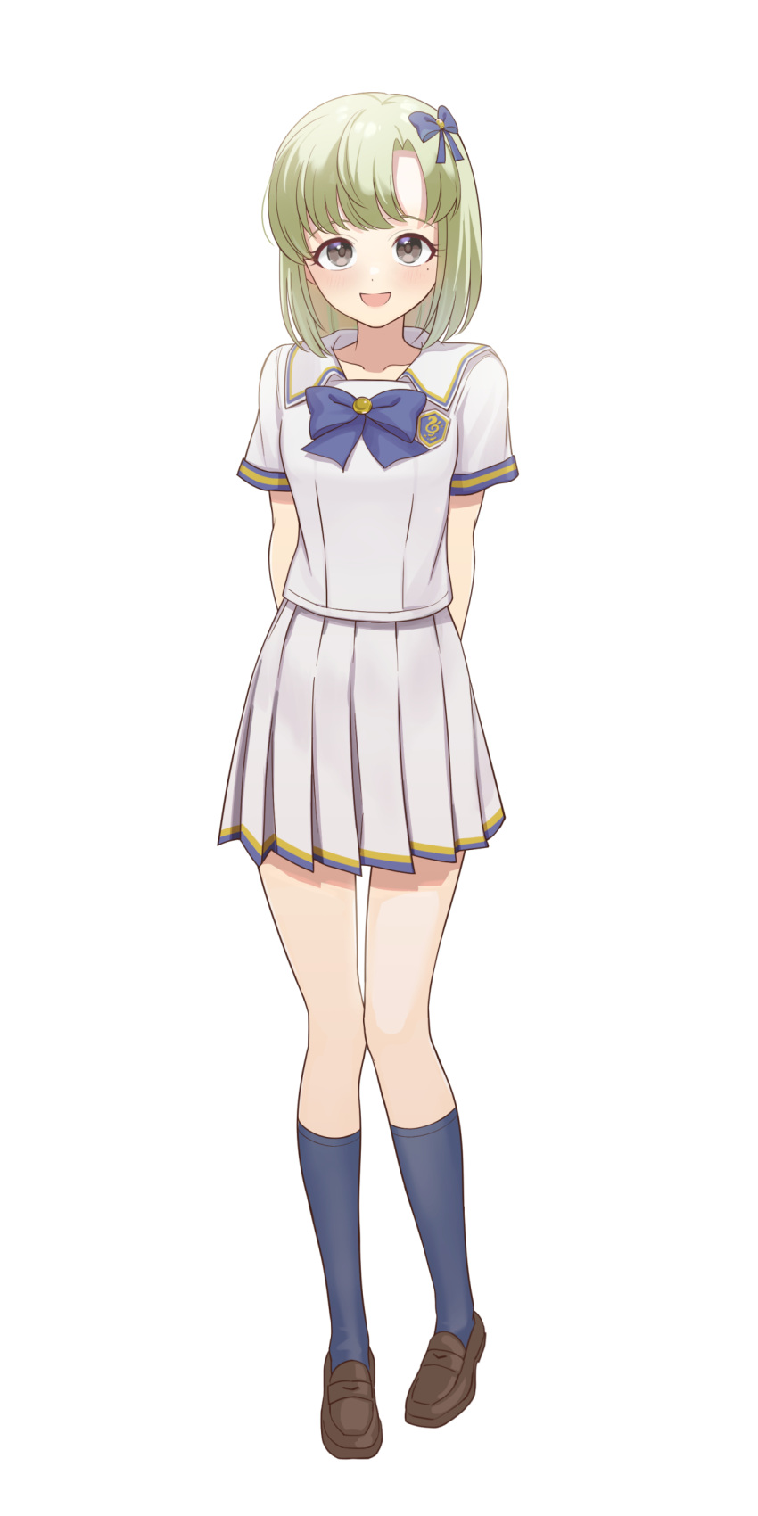 1girl absurdres blue_socks blush bow full_body gokome green_hair hair_bow highres idolmaster idolmaster_million_live! loafers looking_at_viewer pleated_skirt school_uniform shiika_(idolmaster) shirt shoes short_hair short_sleeves simple_background skirt smile socks white_background white_shirt white_skirt