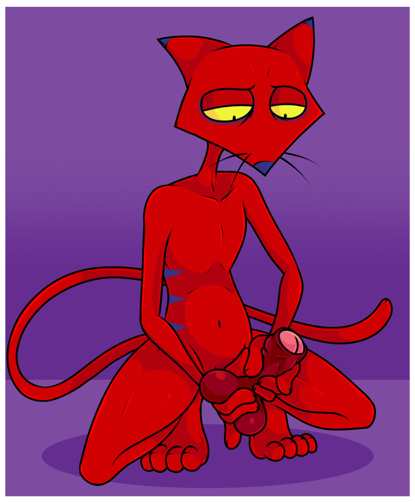 anthro ball_fondling balls cartoon_network courage_the_cowardly_dog crouching fondling genitals hi_res katz_(courage_the_cowardly_dog) male masturbation nude penile penile_masturbation penis simple_background solo tinydevilhorns